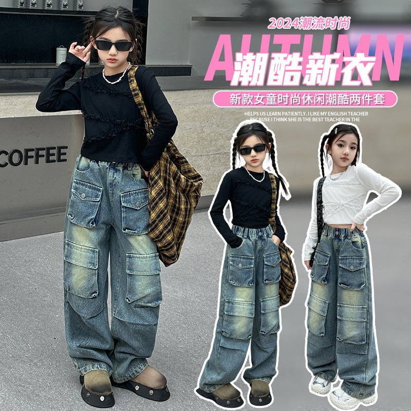 Girls' Work Jeans Medium And Large Kidsren'S Loose Wide-Leg Pants Kidsren'S Street Multi-Flap Pocket Pants Straight Pants - Image 3
