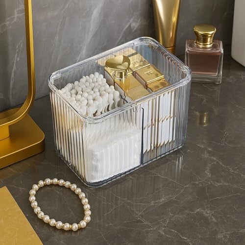 Toyosport 2 Pcs Qtip Holder with Lid Qtip Holder Dispenser 3Section Cotton Ball Holder Cotton Ball Holders and Storage Clear Storage for Bathroom Vanity - Image 3