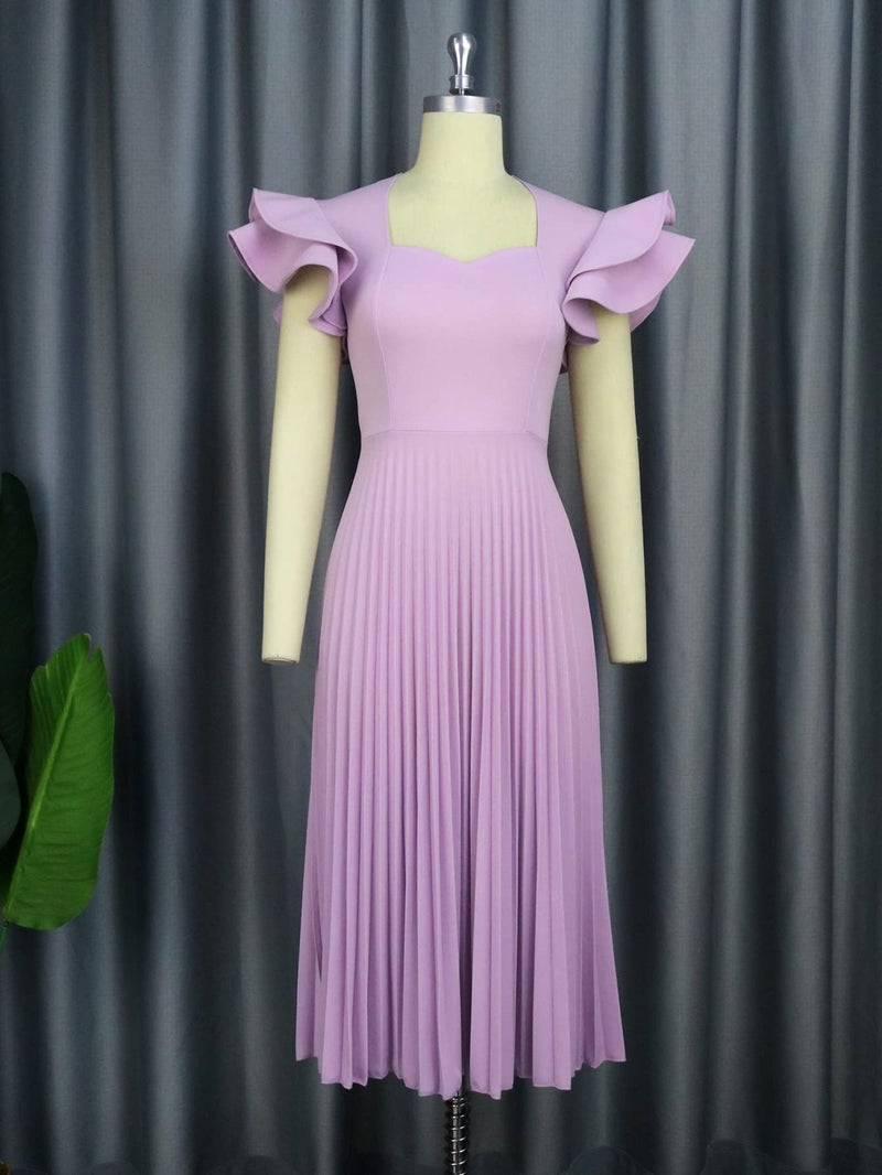 AOMEI Women's Light Purple Square Collar Ruffles Sleeve Pleated Elegant Midi Dress (1XL,X-Large) - Image 4