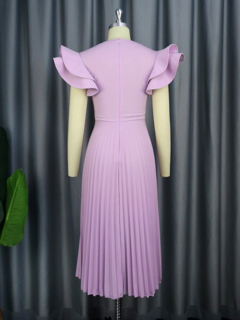 AOMEI Women's Light Purple Square Collar Ruffles Sleeve Pleated Elegant Midi Dress (1XL,X-Large) - Image 5