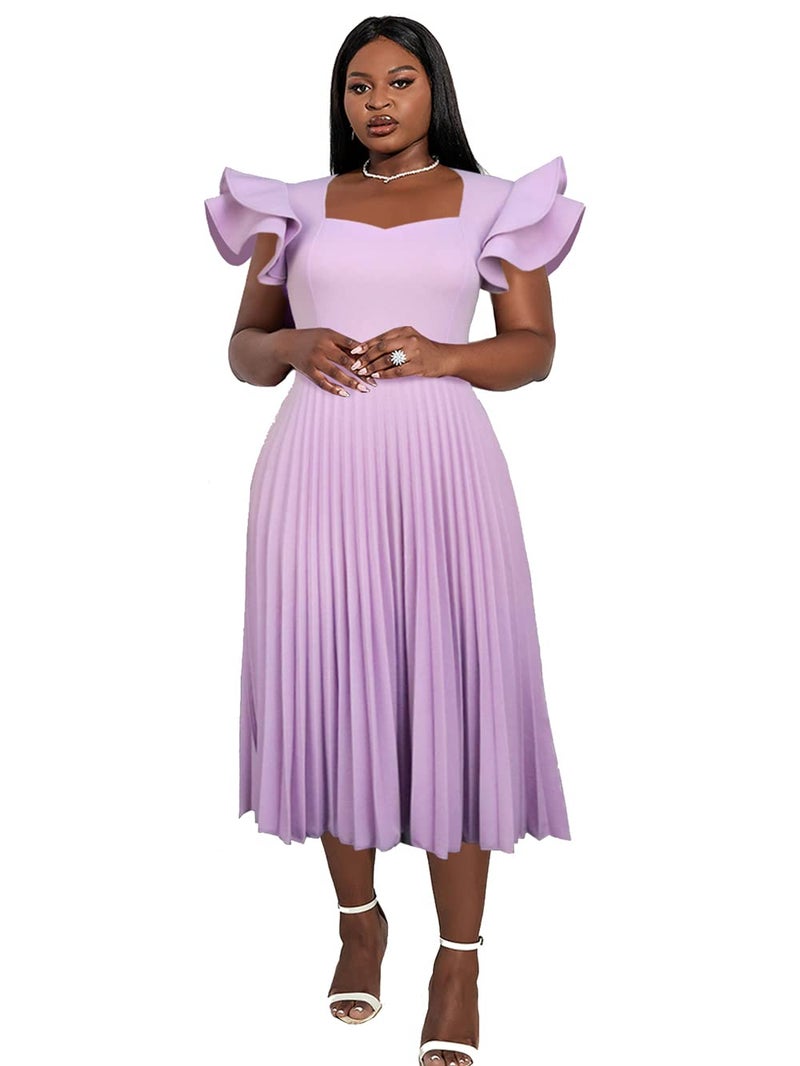 AOMEI Women's Light Purple Square Collar Ruffles Sleeve Pleated Elegant Midi Dress (1XL,X-Large) - Image 3