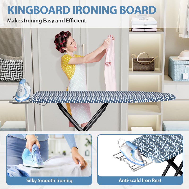 KINGBOARD Foldable Ironing Board Full Size, Iron and Ironing Board Set Standard Size, Iron Boards with Ironrest & Adjustable Height,Heavy Duty Iron Table Stand with Metal Legs &Thick Cover,43x13 Blue - Image 5