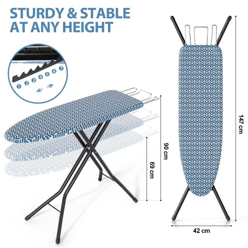 KINGBOARD Foldable Ironing Board Full Size, Iron and Ironing Board Set Standard Size, Iron Boards with Ironrest & Adjustable Height,Heavy Duty Iron Table Stand with Metal Legs &Thick Cover,43x13 Blue - Image 2
