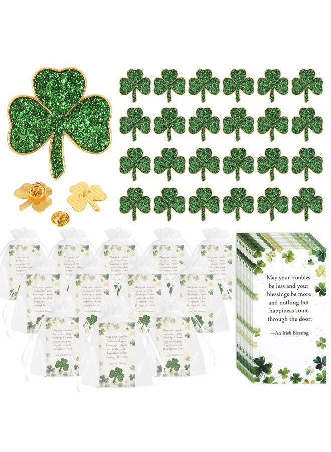 SINCCO 25/50/100 Sets St. Patricks Day Clover Lapel Pins Bulk Shamrock Pin Brooches with Irish Blessing Cards Gift Bags for St. Patrick's Day Party Favors Jewelry Accessories(25 Sets) - Image 1