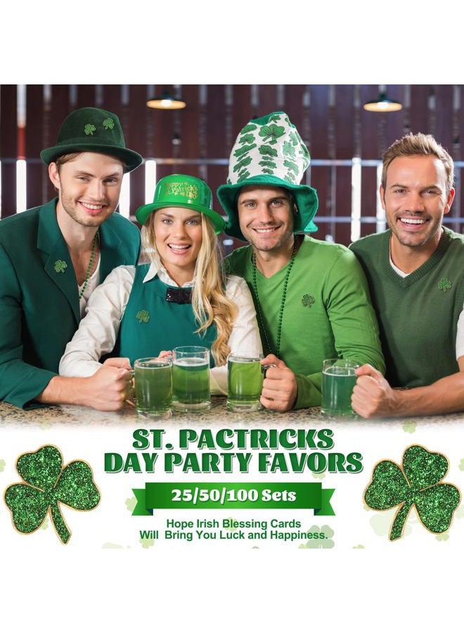 SINCCO 25/50/100 Sets St. Patricks Day Clover Lapel Pins Bulk Shamrock Pin Brooches with Irish Blessing Cards Gift Bags for St. Patrick's Day Party Favors Jewelry Accessories(25 Sets) - Image 5