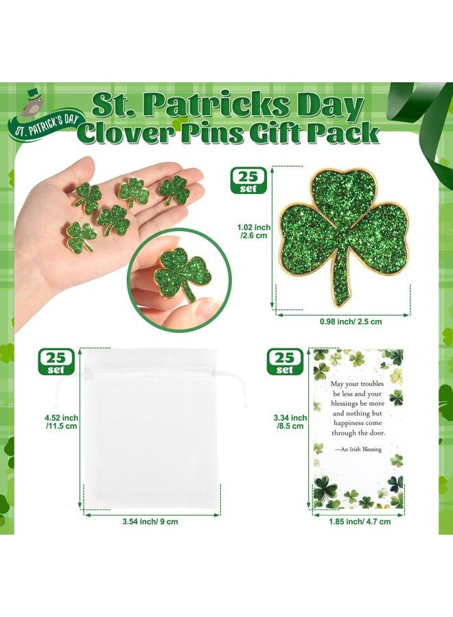 SINCCO 25/50/100 Sets St. Patricks Day Clover Lapel Pins Bulk Shamrock Pin Brooches with Irish Blessing Cards Gift Bags for St. Patrick's Day Party Favors Jewelry Accessories(25 Sets) - Image 2