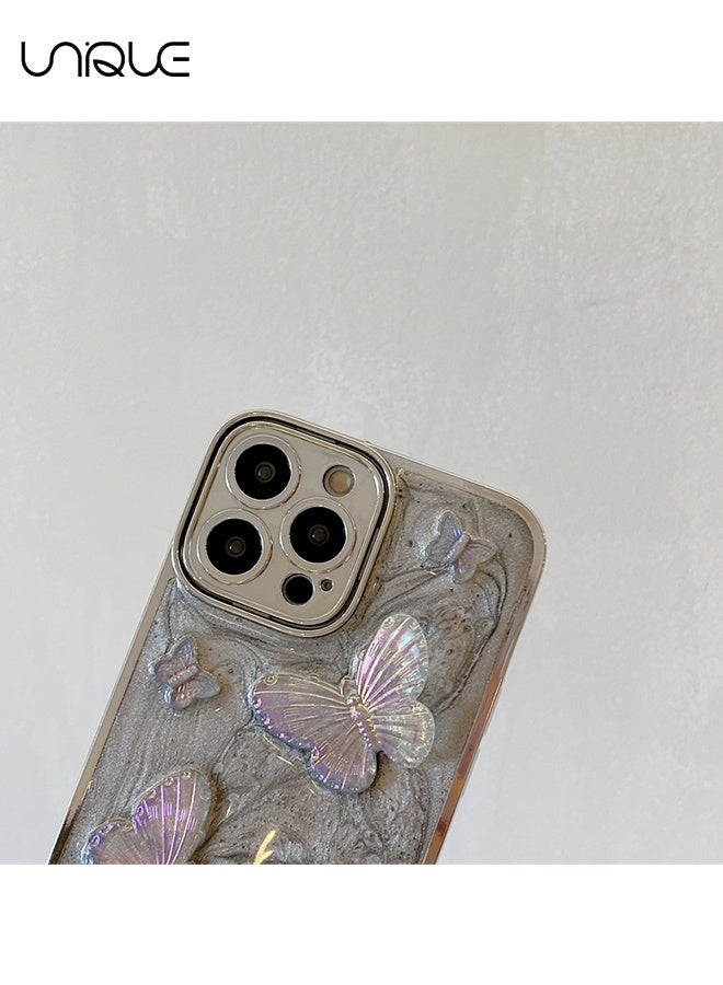 Unique Compatible with iPhone 15 Pro Max Cases - 3D Butterfly Phone Case - Silver Shiny Phone Case - Sleek and Minimalist Phone Cases - TPU Drop Protection - With Lanyard - Image 2