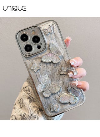 متوافق مع حافظات آيفون 15 برو ماكس - جراب هاتف 3D Butterfly - غطاء هاتف فضي لامع - حافظات هاتف أنيقة وبسيطة - حماية من السقوط TPU - مع حبل - view 3