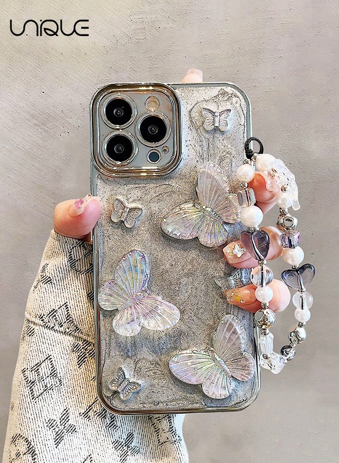 Unique Compatible with iPhone 15 Pro Max Cases - 3D Butterfly Phone Case - Silver Shiny Phone Case - Sleek and Minimalist Phone Cases - TPU Drop Protection - With Lanyard - Image 1
