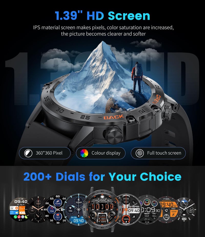 FOXBOX Smart Watch for Men Answer/Make Call for Android iOS, 400mAh Military Smartwatch Heart Rate Blood Oxygen Sleep Monitor Step Counter, 2 Watch Straps,Waterproof Outdoor Smart Watches Brown - Image 2