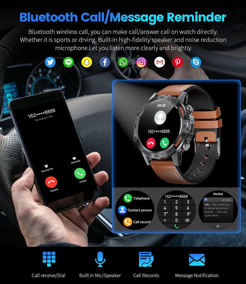 FOXBOX Smart Watch for Men Answer/Make Call for Android iOS, 400mAh Military Smartwatch Heart Rate Blood Oxygen Sleep Monitor Step Counter, 2 Watch Straps,Waterproof Outdoor Smart Watches Brown - Image 4