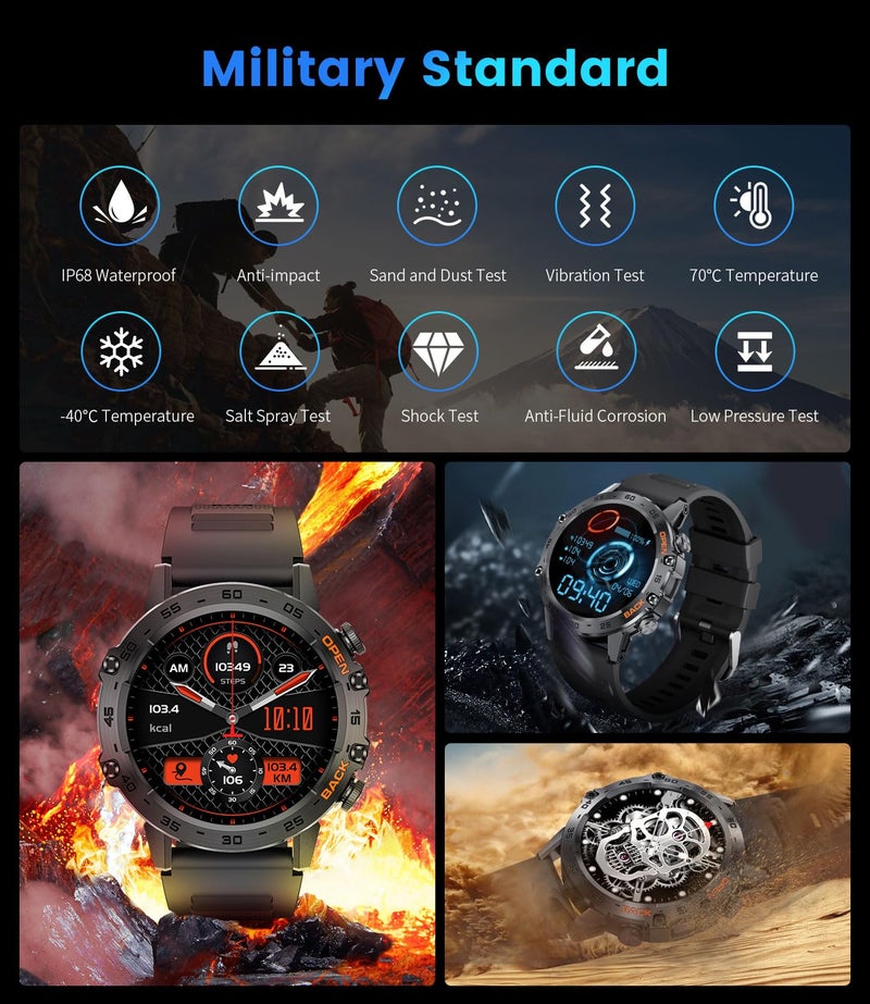 FOXBOX Smart Watch for Men Answer/Make Call for Android iOS, 400mAh Military Smartwatch Heart Rate Blood Oxygen Sleep Monitor Step Counter, 2 Watch Straps,Waterproof Outdoor Smart Watches Brown - Image 3