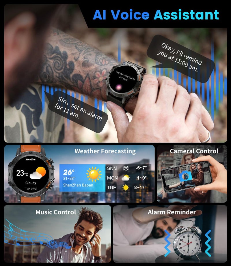 FOXBOX Smart Watch for Men Answer/Make Call for Android iOS, 400mAh Military Smartwatch Heart Rate Blood Oxygen Sleep Monitor Step Counter, 2 Watch Straps,Waterproof Outdoor Smart Watches Brown - Image 5