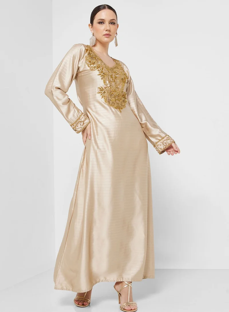 ARABIAN CLOSET Embellished V- Neck Jalabiya
