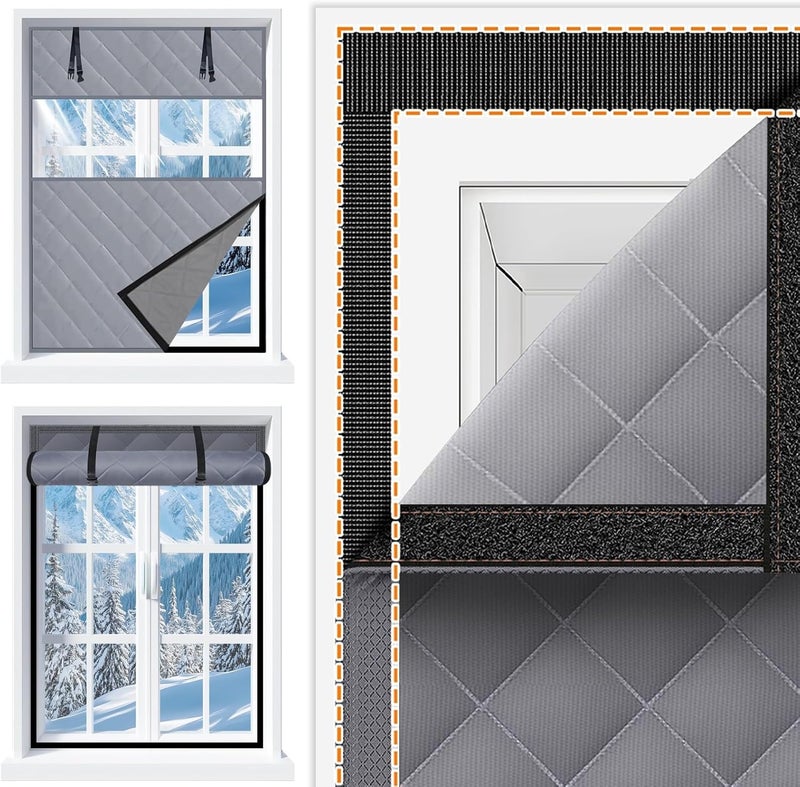 Thermal Insulated Window Cover, Winterize Window Blanket Reusable Oxford Cloth Cotton Layer Windows Insulation Kit with Hook & Loop for RV Living Room Bedroom(Gray,W33inxH59in) - Image 1