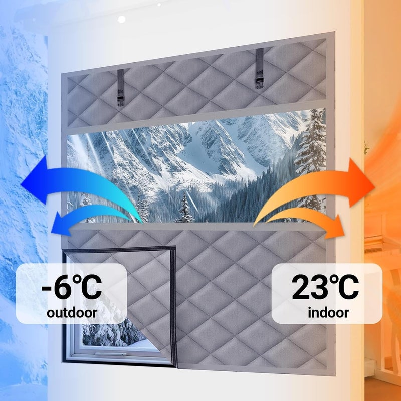 Thermal Insulated Window Cover, Winterize Window Blanket Reusable Oxford Cloth Cotton Layer Windows Insulation Kit with Hook & Loop for RV Living Room Bedroom(Gray,W33inxH59in) - Image 2