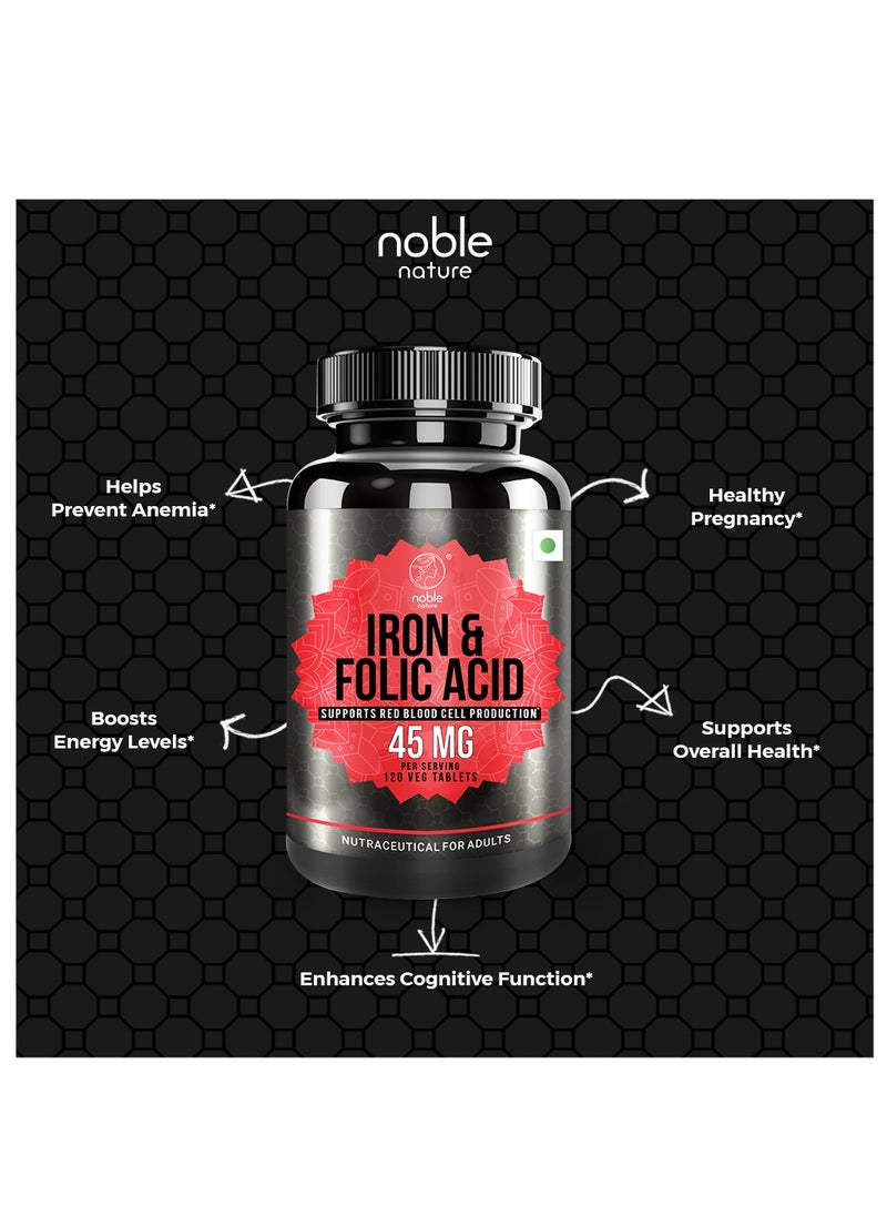 noble nature - Iron & Folic Acid Supplement, with Zinc, Copper, Vitamin C & Vitamin B12, Supports Red Blood Cell Production - 120 Veg Tablets - Image 1