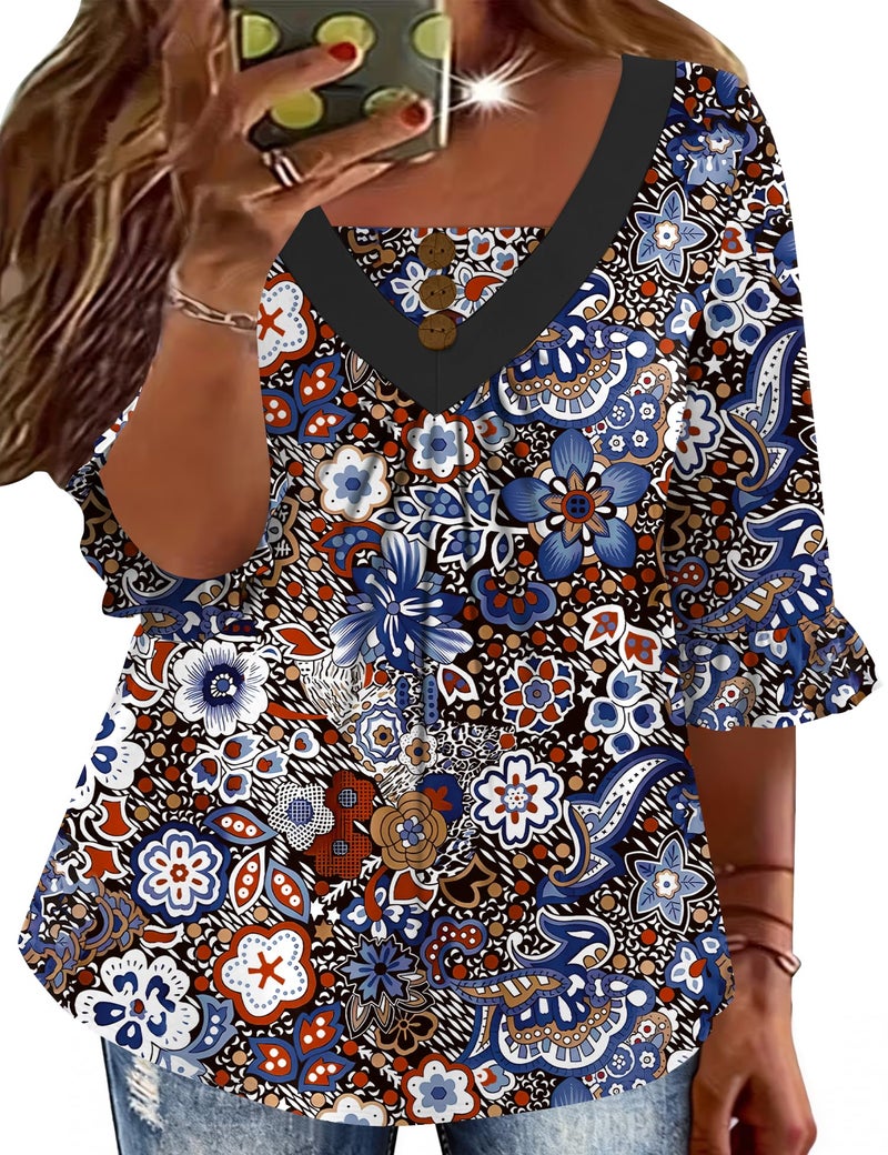 TFSDOD Women's Plus Size Tops 3/4 Ruffle Sleeve T-Shirts Floral Printed V Neck Blouses Printed Pleated Blouses Blue White Floral 3XL - Image 1