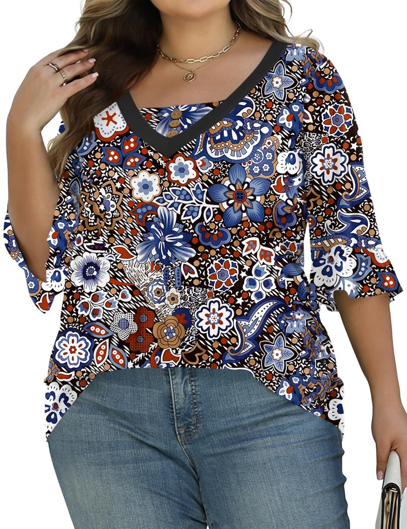 TFSDOD Women's Plus Size Tops 3/4 Ruffle Sleeve T-Shirts Floral Printed V Neck Blouses Printed Pleated Blouses Blue White Floral 3XL - Image 4
