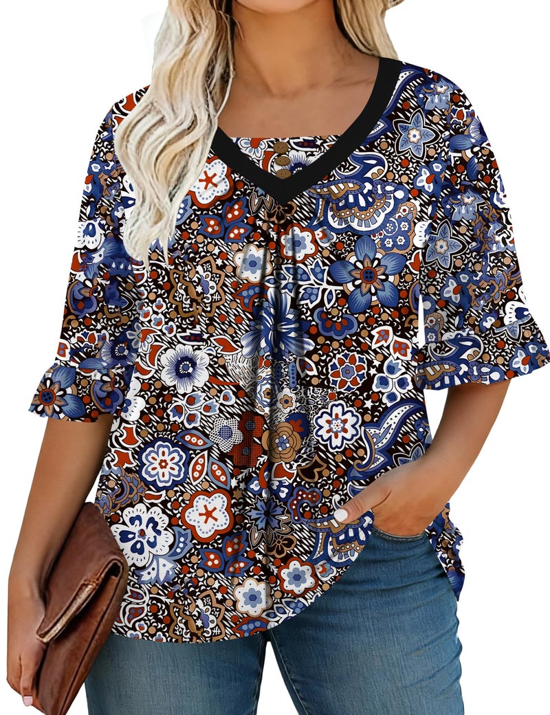 TFSDOD Women's Plus Size Tops 3/4 Ruffle Sleeve T-Shirts Floral Printed V Neck Blouses Printed Pleated Blouses Blue White Floral 3XL - Image 2