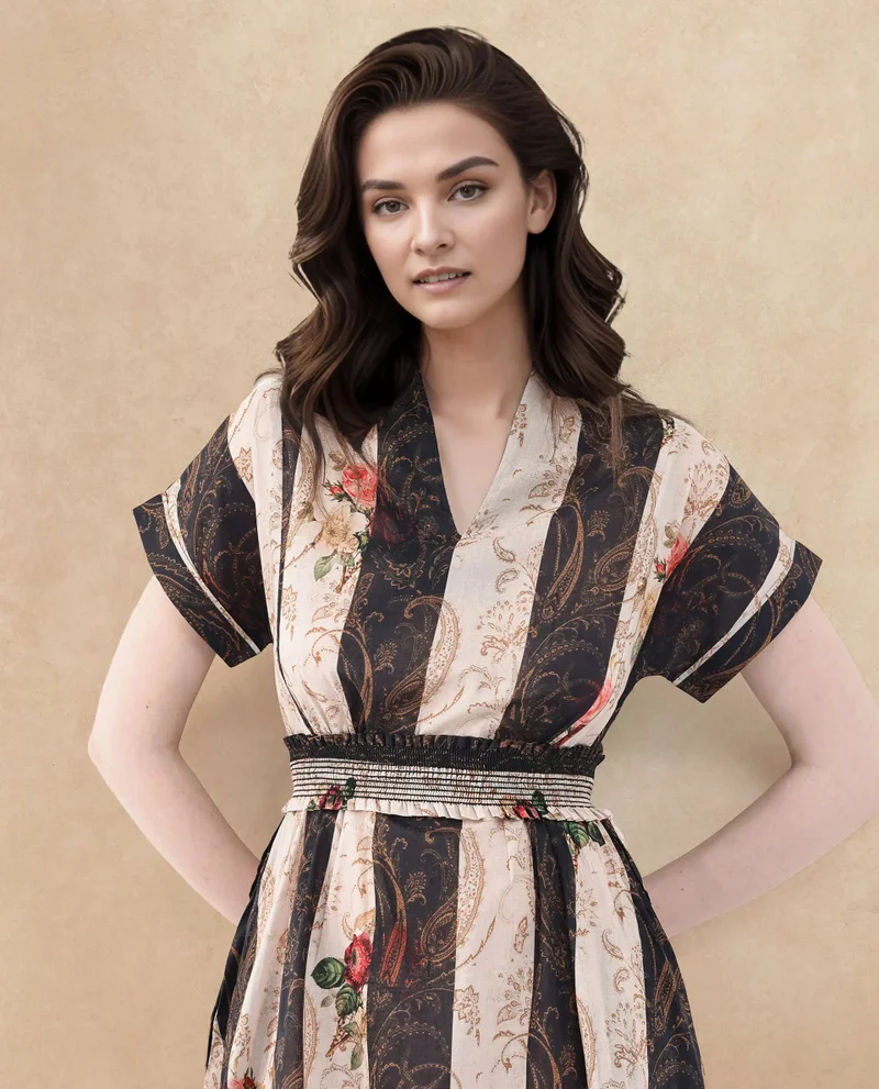 Rareism Rareism Women Frost Olive Cotton Fabric Short Sleeve Collared Neck Floral Print Longline Dress