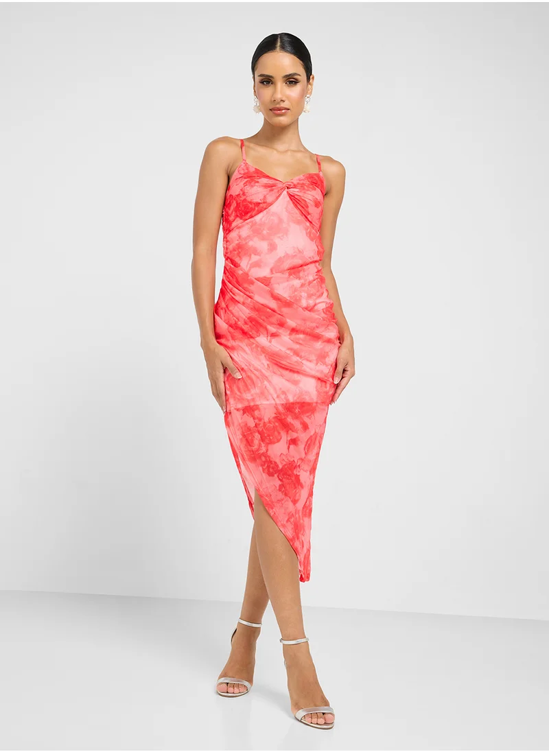 جينجر Strappy Mesh Floral Assymetric Dress
