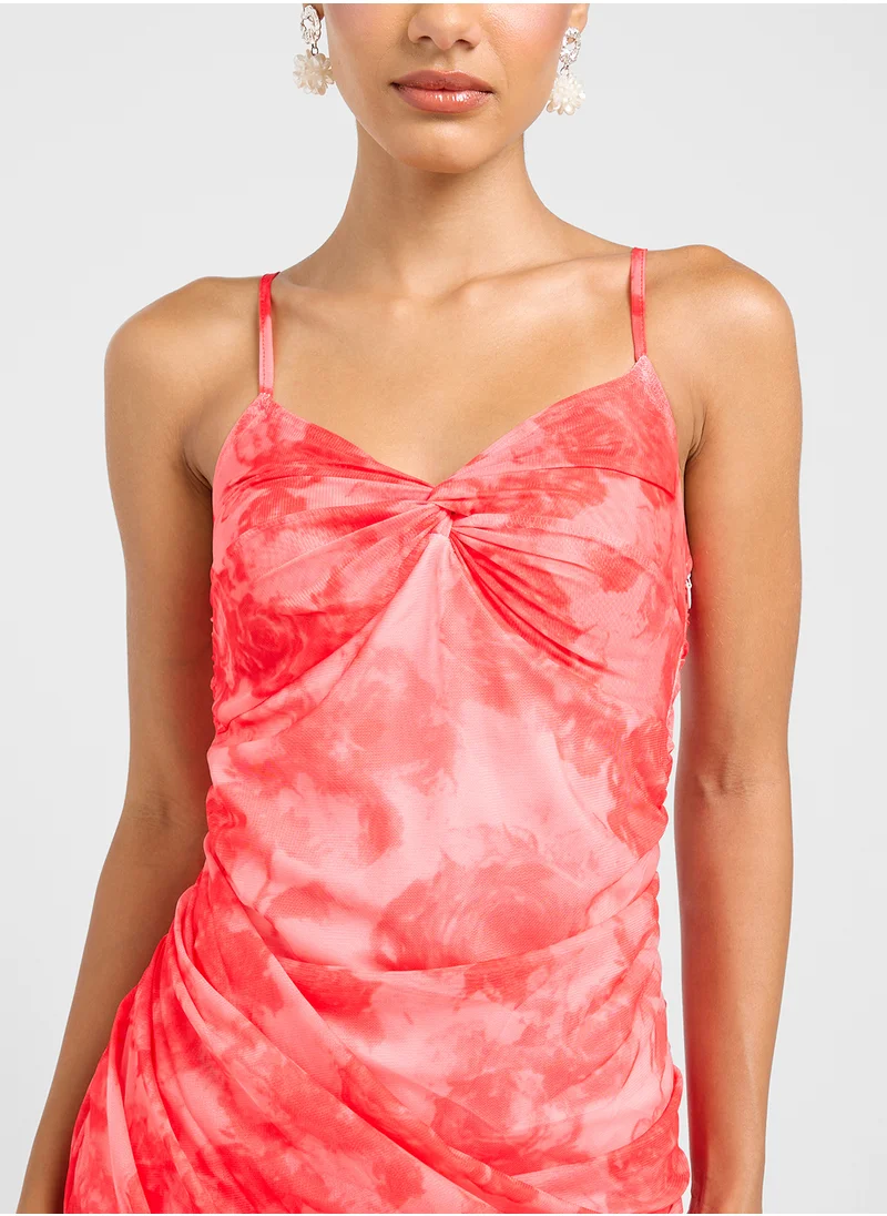 جينجر Strappy Mesh Floral Assymetric Dress