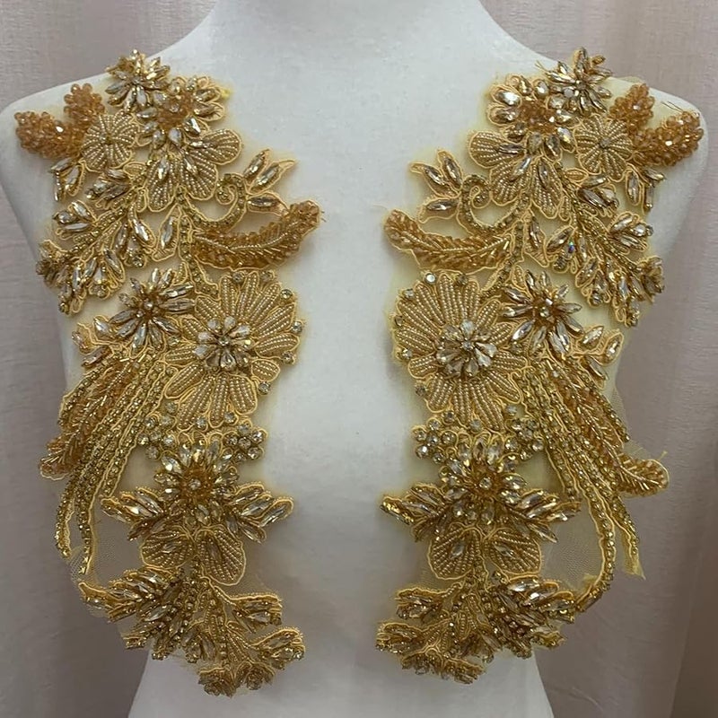 تطريزات زهور خرزية ذهبية لصقها على بقع للخياطة لتزيين أزياء الحرف اليدوية - Image 4