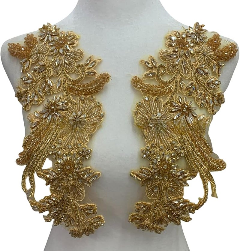 تطريزات زهور خرزية ذهبية لصقها على بقع للخياطة لتزيين أزياء الحرف اليدوية - Image 2