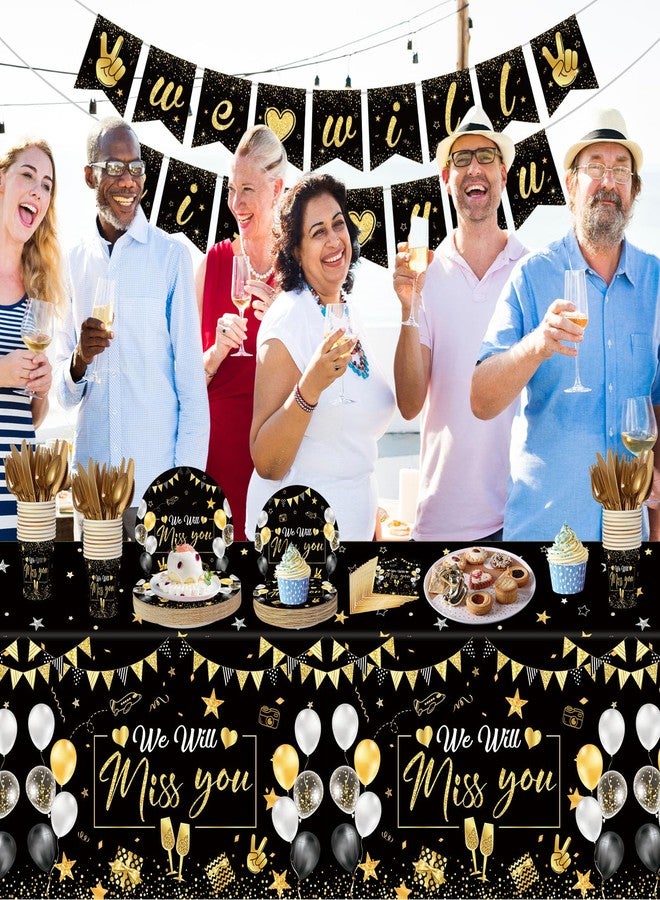 ABURRORI 187 Pcs Farewell Party Decorations Tableware Set, 24 Guests Glitter We Will Miss You Tablecloth Dinner Plates Dessert Plate Cup and Napkins for Retirement Going Away Bye Office Work Party Supplies - Image 5