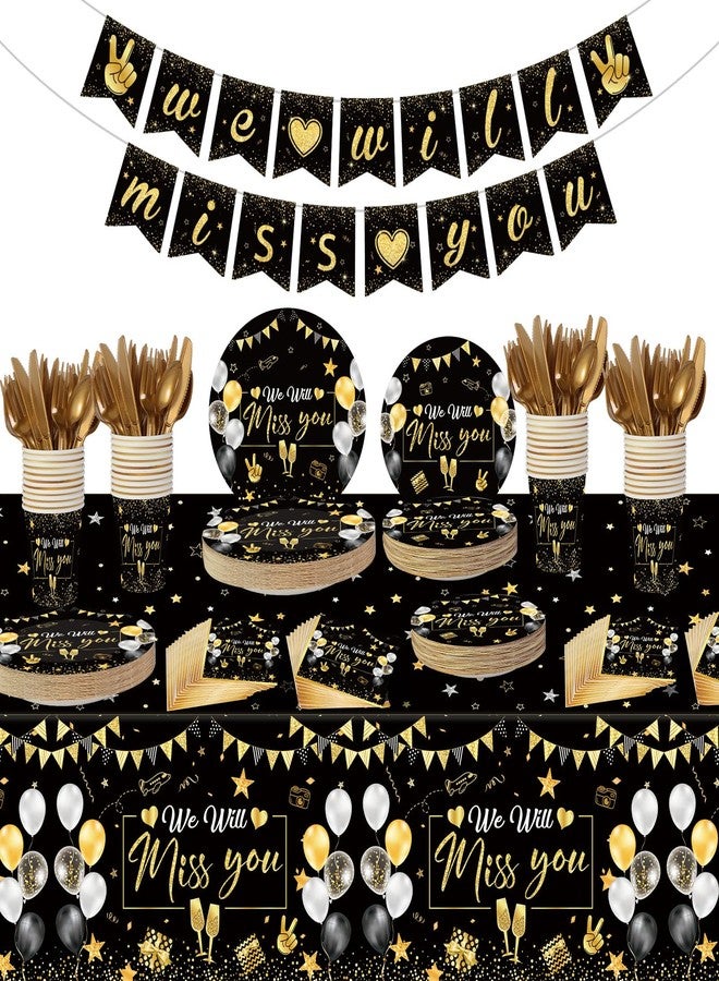 ABURRORI 187 Pcs Farewell Party Decorations Tableware Set, 24 Guests Glitter We Will Miss You Tablecloth Dinner Plates Dessert Plate Cup and Napkins for Retirement Going Away Bye Office Work Party Supplies - Image 1