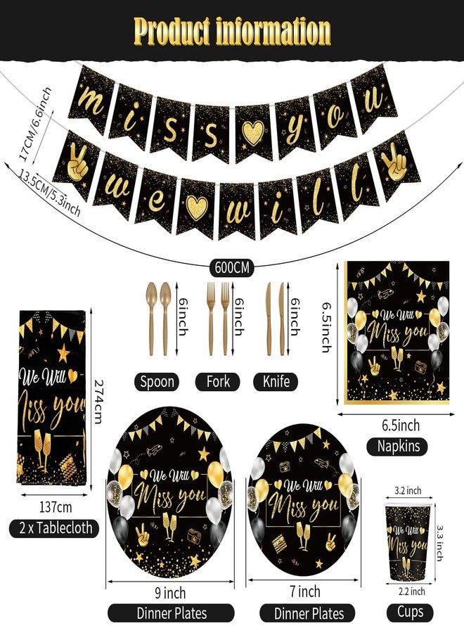ABURRORI 187 Pcs Farewell Party Decorations Tableware Set, 24 Guests Glitter We Will Miss You Tablecloth Dinner Plates Dessert Plate Cup and Napkins for Retirement Going Away Bye Office Work Party Supplies - Image 2