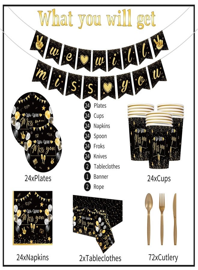 ABURRORI 187 Pcs Farewell Party Decorations Tableware Set, 24 Guests Glitter We Will Miss You Tablecloth Dinner Plates Dessert Plate Cup and Napkins for Retirement Going Away Bye Office Work Party Supplies - Image 3