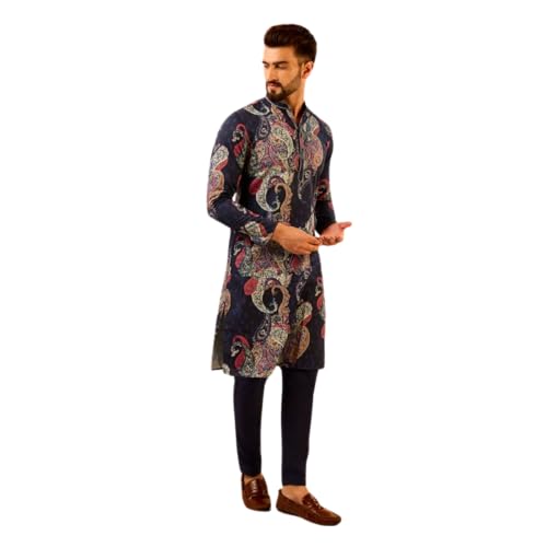 KISAH Mens Printed Cotton Blend Kurta – Traditional Ethnic Wear Kurta for Men for Weddings & Festivals Navy Blue - Image 1