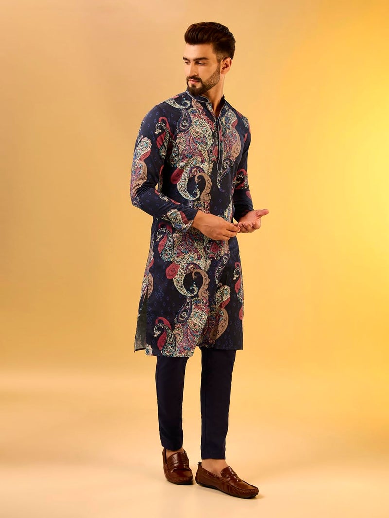 KISAH Mens Printed Cotton Blend Kurta – Traditional Ethnic Wear Kurta for Men for Weddings & Festivals Navy Blue - Image 4