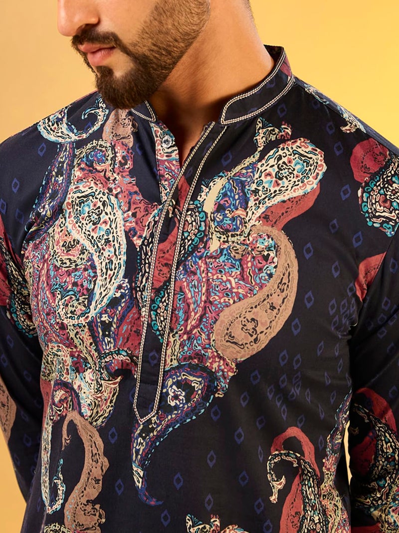 KISAH Mens Printed Cotton Blend Kurta – Traditional Ethnic Wear Kurta for Men for Weddings & Festivals Navy Blue - Image 5