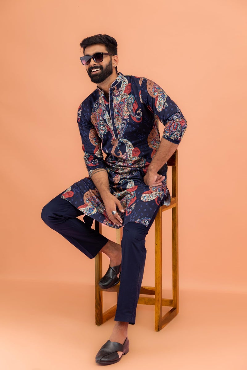 KISAH Mens Printed Cotton Blend Kurta – Traditional Ethnic Wear Kurta for Men for Weddings & Festivals Navy Blue - Image 2