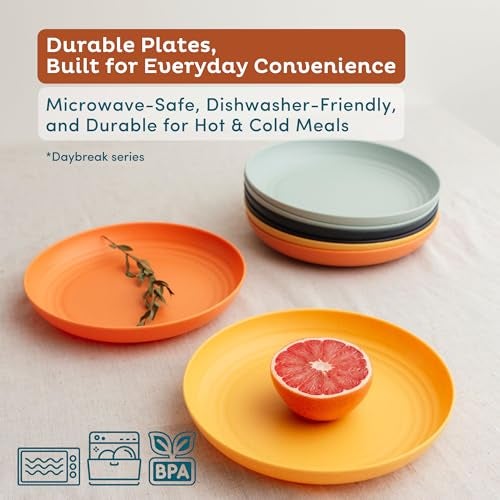 Nook Theory 8-Pack Reusable Wheat Straw Plates Set - Non Toxic and Non Plastic Dinner Plates for Kids and Adults, Lightweight Unbreakable Plate, Microwave Safe and Dishwasher Safe (Daybreak 9") - Image 3