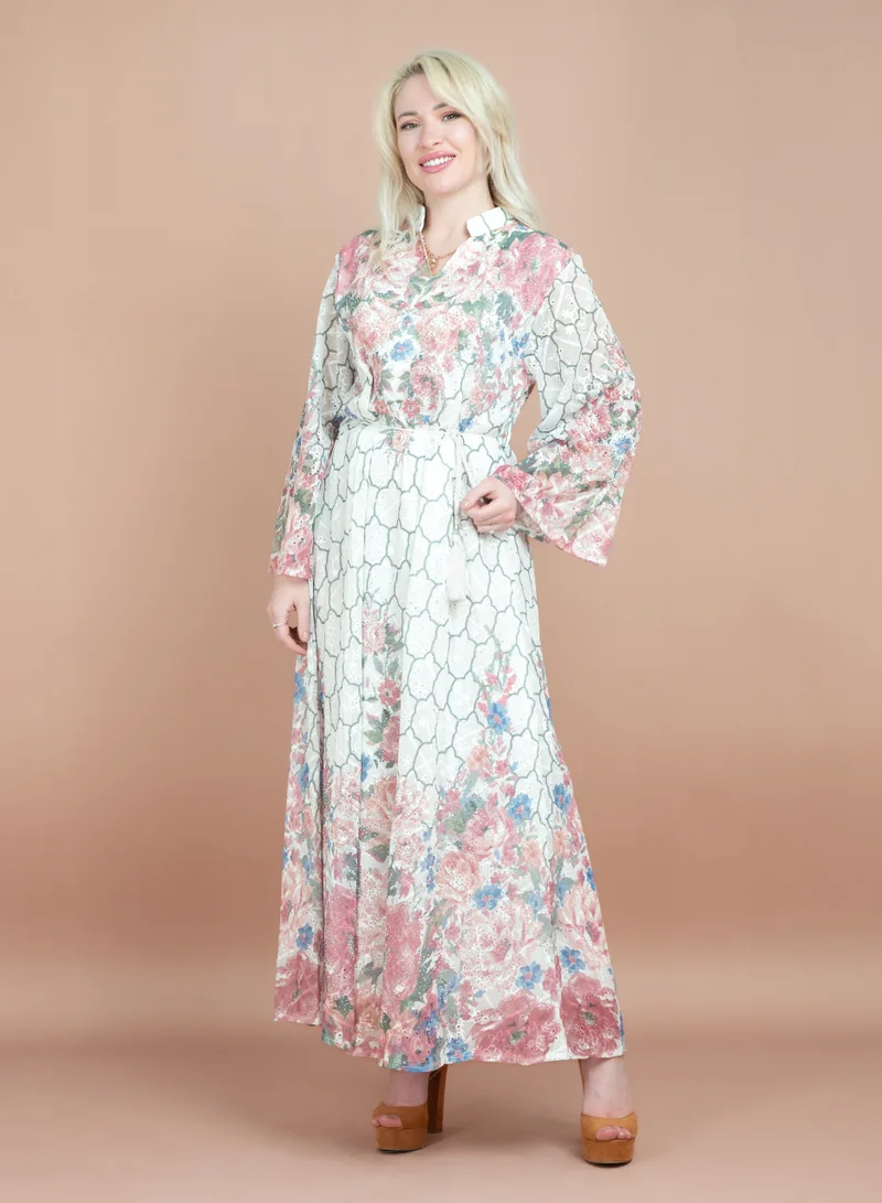 IKKXA Mandarin Collar Embroidered Jalabiya CJ1063 White