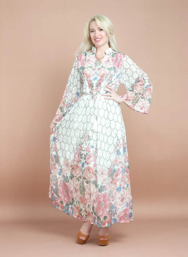 IKKXA Mandarin Collar Embroidered Jalabiya CJ1063 White