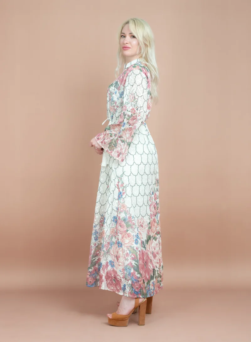 IKKXA Mandarin Collar Embroidered Jalabiya CJ1063 White