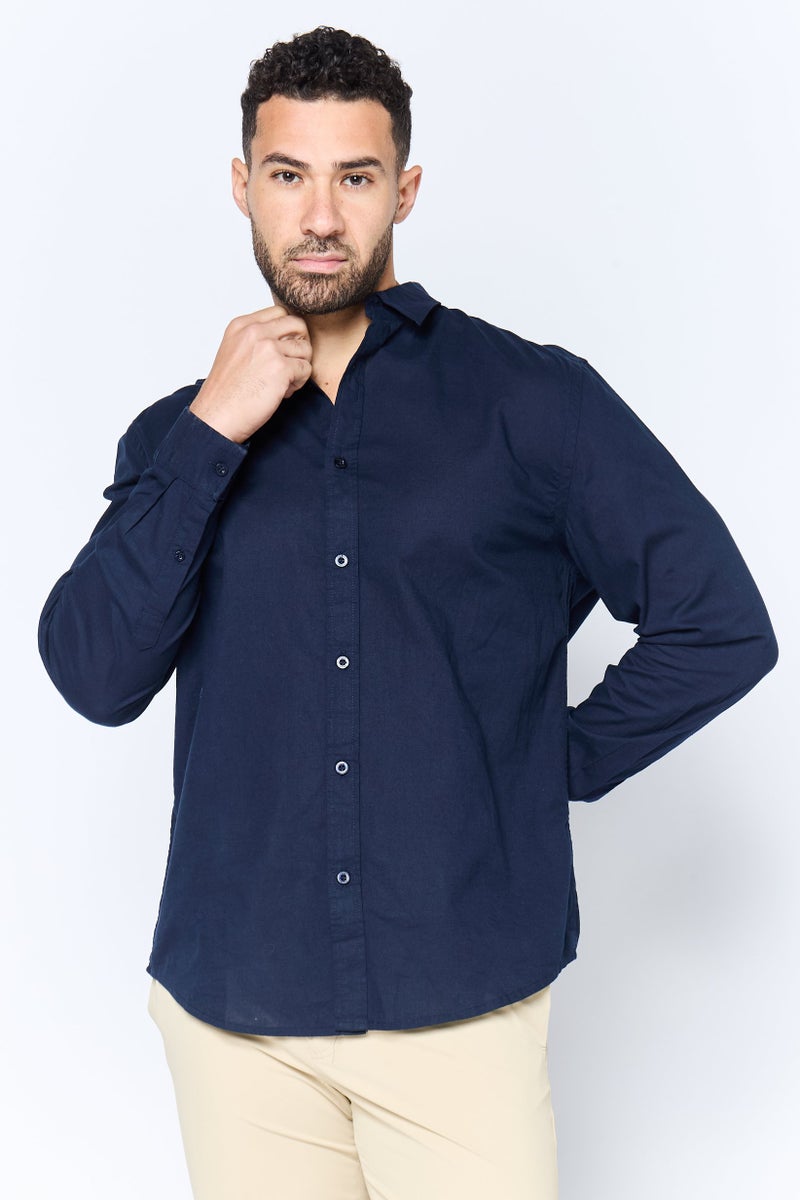 Algspar Men Regular Fit Solid Long Sleeves Casual Shirt, Navy - Image 1
