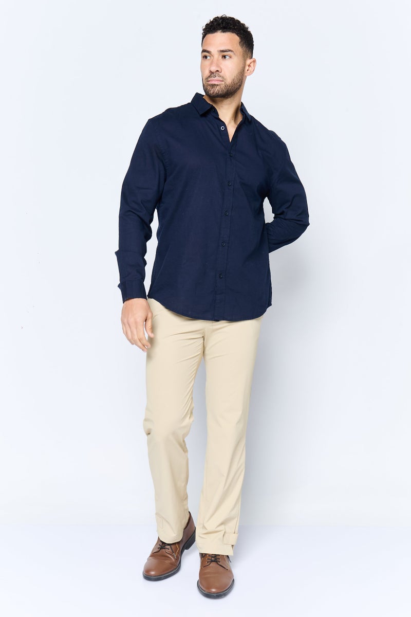 Algspar Men Regular Fit Solid Long Sleeves Casual Shirt, Navy - Image 3
