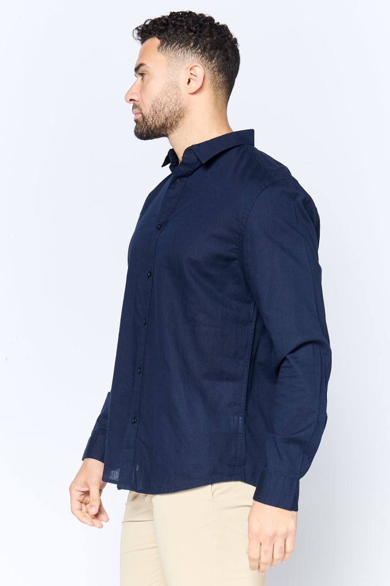 Algspar Men Regular Fit Solid Long Sleeves Casual Shirt, Navy - Image 2