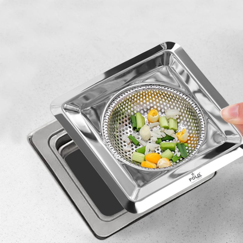 POLOSTAR Polo Star Sink Strainer Kitchen and Bathroom Drain Cover, with Fine Mesh Design, Square Shape, SS Basket Filter Stopper Drainer Stainless Steel, Debris Vegetable Hair Filter, Pack of 1 - Image 1