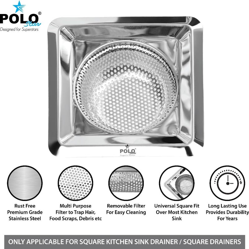 POLOSTAR Polo Star Sink Strainer Kitchen and Bathroom Drain Cover, with Fine Mesh Design, Square Shape, SS Basket Filter Stopper Drainer Stainless Steel, Debris Vegetable Hair Filter, Pack of 1 - Image 3