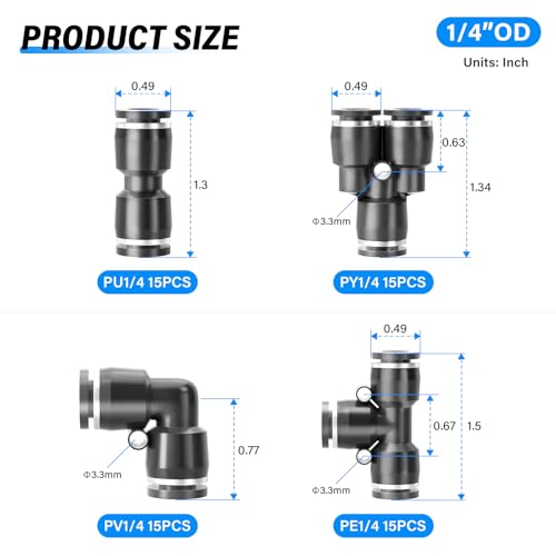 TAILONZ PNEUMATIC Black 14 Inch od Push to Connect Fittings Pneumatic Fittings Kit 15 Spliters15 Elbows15 tee15 Straight 60 pcs - Image 3