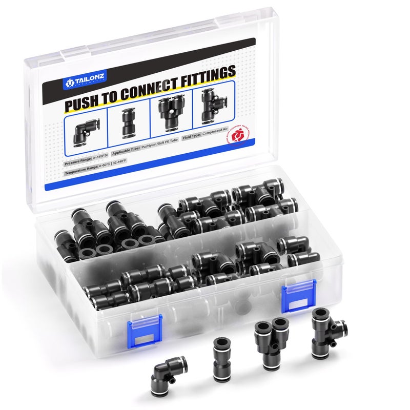 TAILONZ PNEUMATIC Black 14 Inch od Push to Connect Fittings Pneumatic Fittings Kit 15 Spliters15 Elbows15 tee15 Straight 60 pcs - Image 2