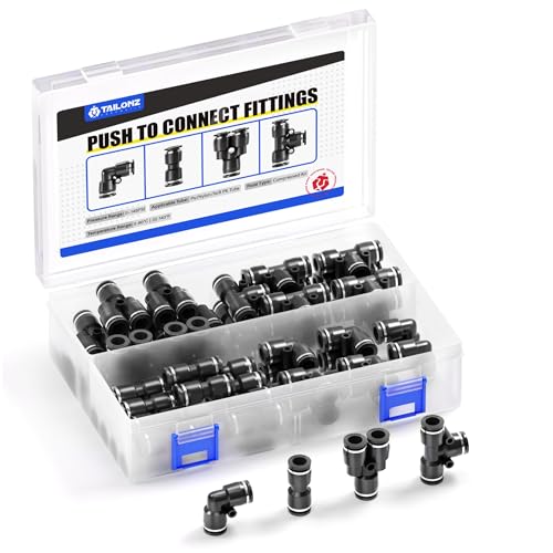 TAILONZ PNEUMATIC Black 14 Inch od Push to Connect Fittings Pneumatic Fittings Kit 15 Spliters15 Elbows15 tee15 Straight 60 pcs - Image 1