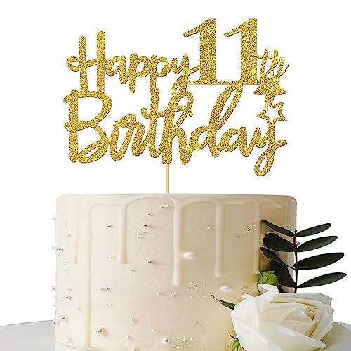 Maicaiffe Gold Glitter Happy 11th Birthday Cake Topper 11 Sign Cake Topper Cheers to 11 Years Party Supplies 11th Birthday Party Decoration - Image 1